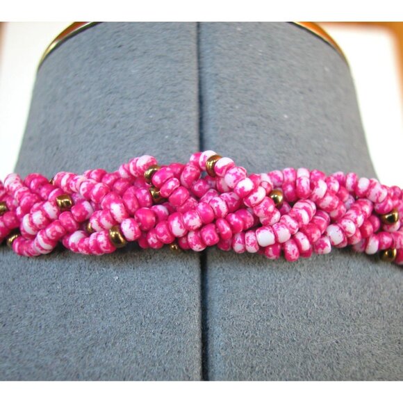 20 Strand Pink Seed Beads Necklace With Gold Bead Accents - Picture 3 of 3